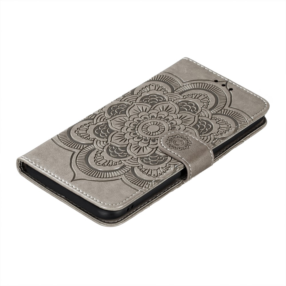 Stand Feature PU Leather Flip Imprinting Mandala Flower Wallet Phone Case with Strap for Samsung Galaxy S22 Plus - Grey-7