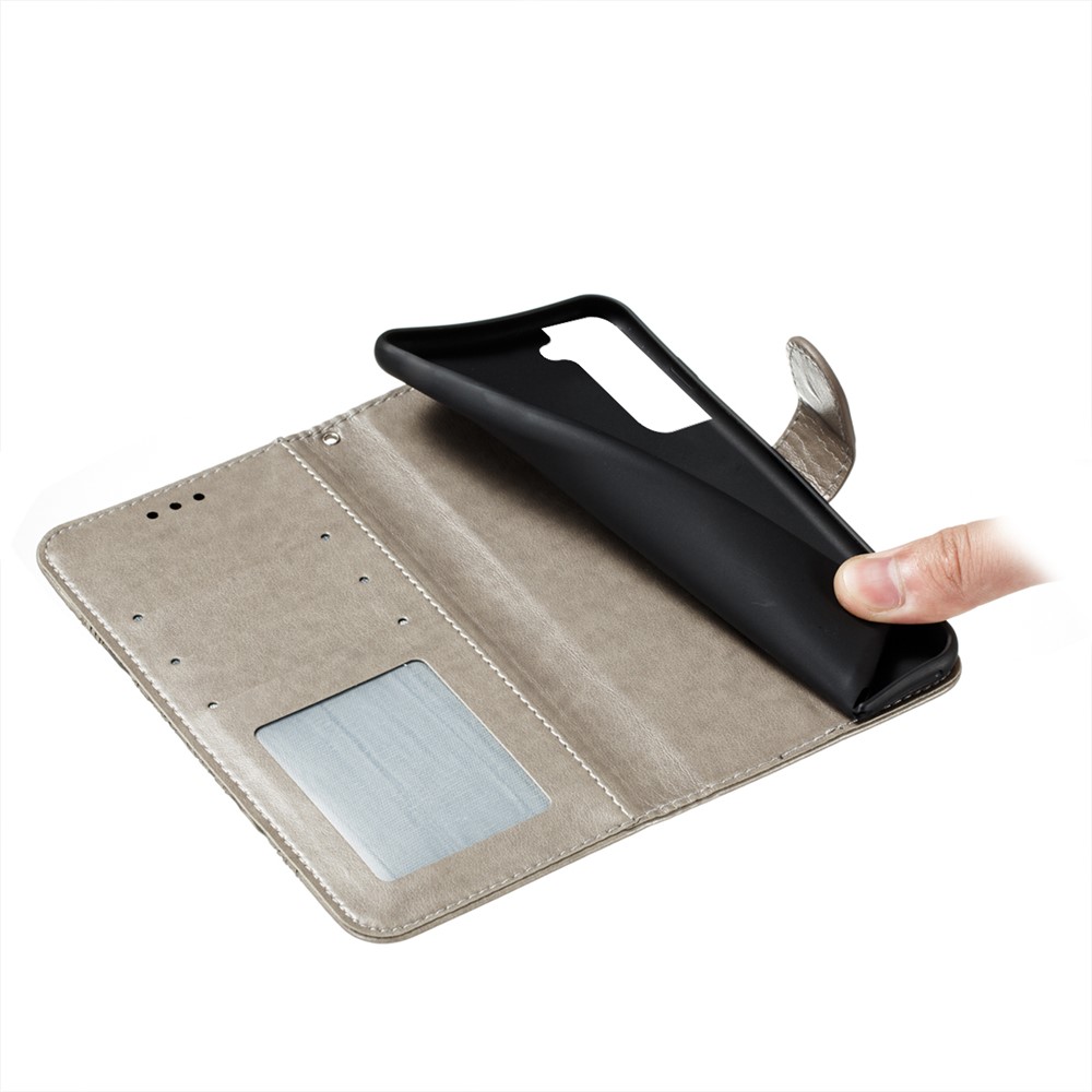 Stand Feature PU Leather Flip Imprinting Mandala Flower Wallet Phone Case with Strap for Samsung Galaxy S22 Plus - Grey-9