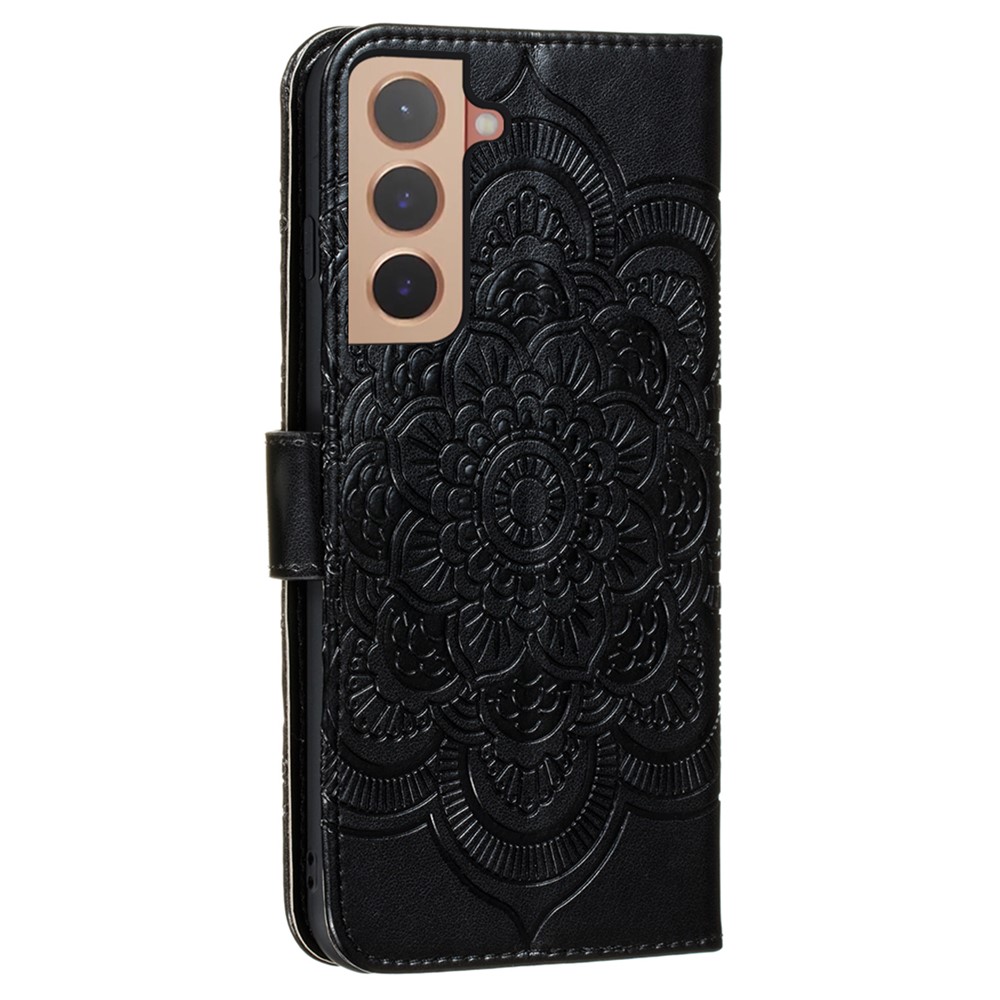 Mandala Flower Imprinted Flip PU Leather Cover Shockproof TPU Interior Wallet Stand Case with Strap for Samsung Galaxy S22 - Black-3