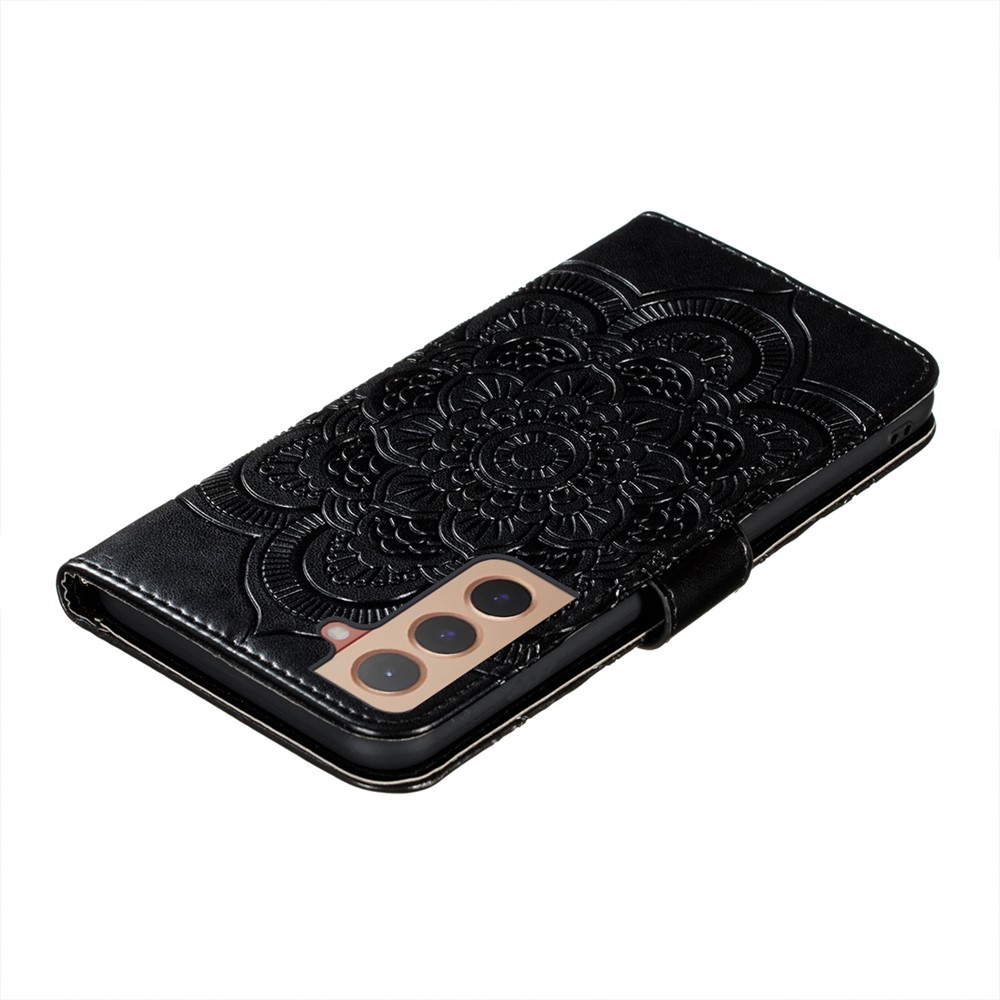 Mandala Flower Imprinted Flip PU Leather Cover Shockproof TPU Interior Wallet Stand Case with Strap for Samsung Galaxy S22 - Black-8