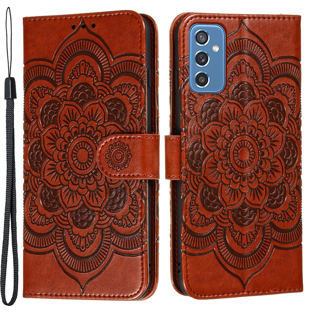 Magnetic PU Leather Flip Folio Case Mandala Flower Imprinted Wallet Stand Cover with Strap for Samsung Galaxy M52 5G - Brown-1
