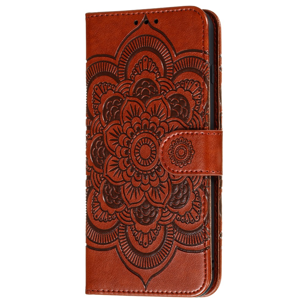 Magnetic PU Leather Flip Folio Case Mandala Flower Imprinted Wallet Stand Cover with Strap for Samsung Galaxy M52 5G - Brown-2