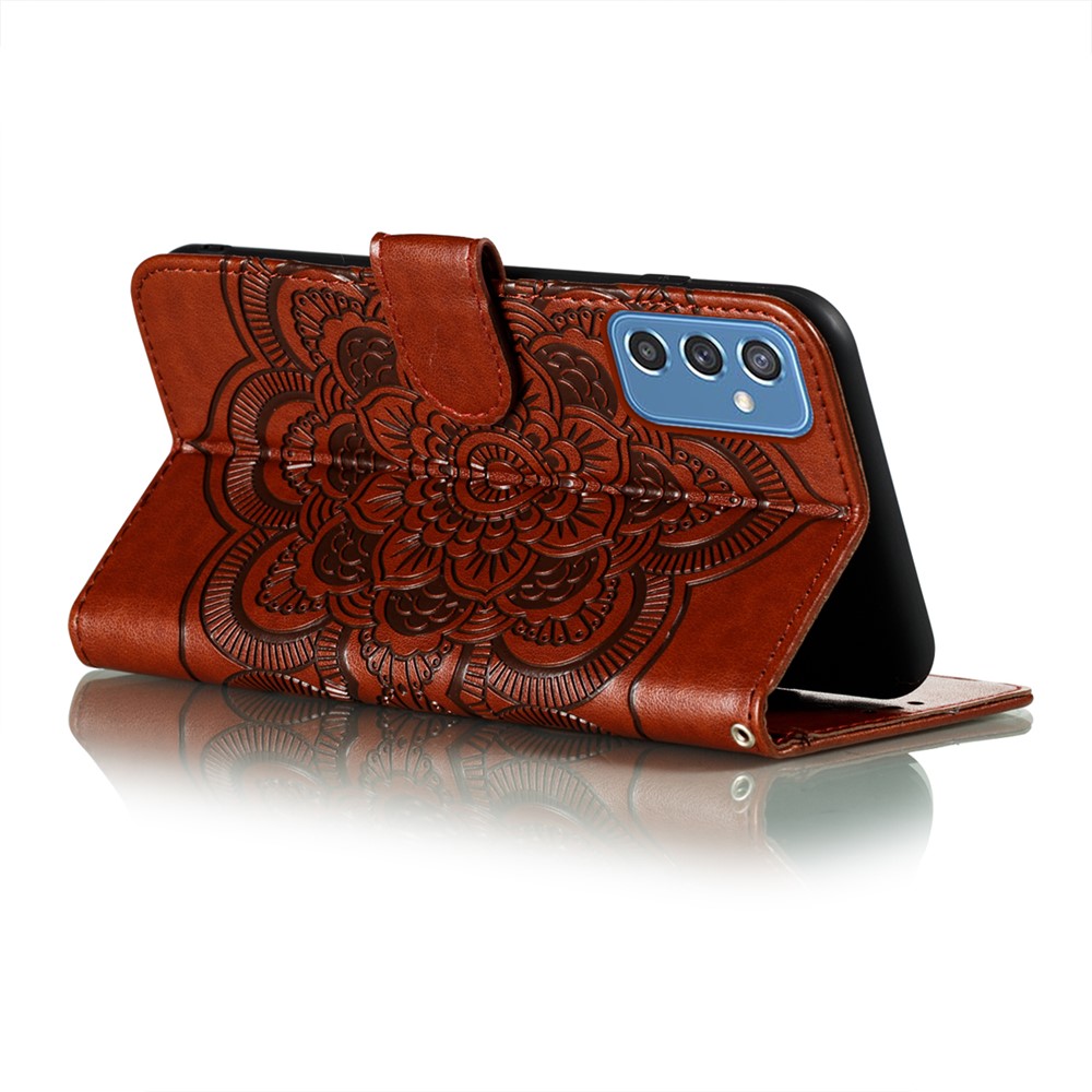 Magnetic PU Leather Flip Folio Case Mandala Flower Imprinted Wallet Stand Cover with Strap for Samsung Galaxy M52 5G - Brown-5
