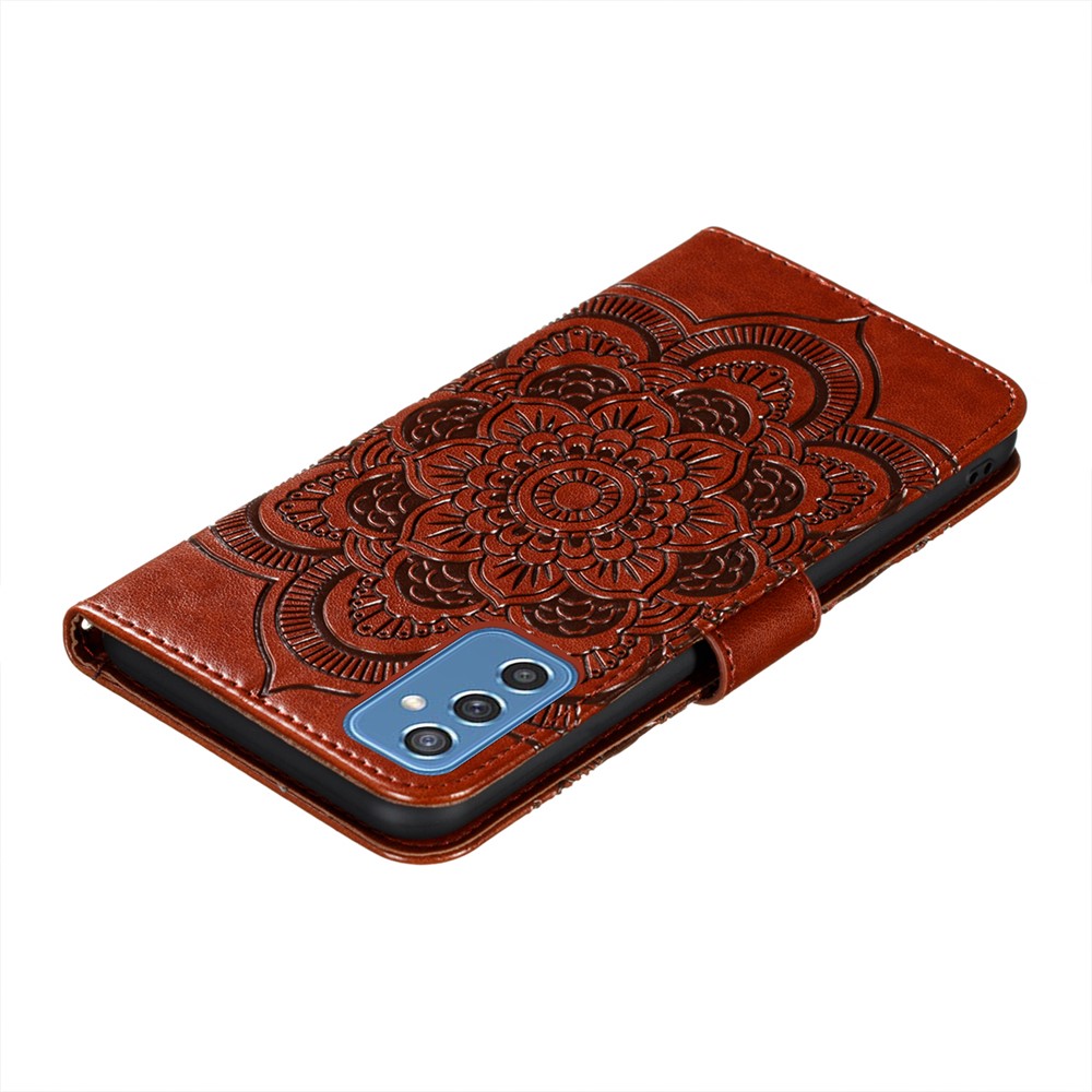 Magnetic PU Leather Flip Folio Case Mandala Flower Imprinted Wallet Stand Cover with Strap for Samsung Galaxy M52 5G - Brown-8