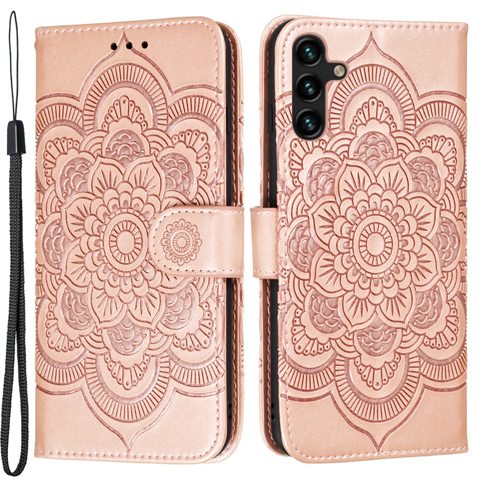 Mandala Flower Imprinted Wallet Case Stand PU Leather Folio Flip Protective Cover with Strap for Samsung Galaxy A13 5G - Rose Gold-1