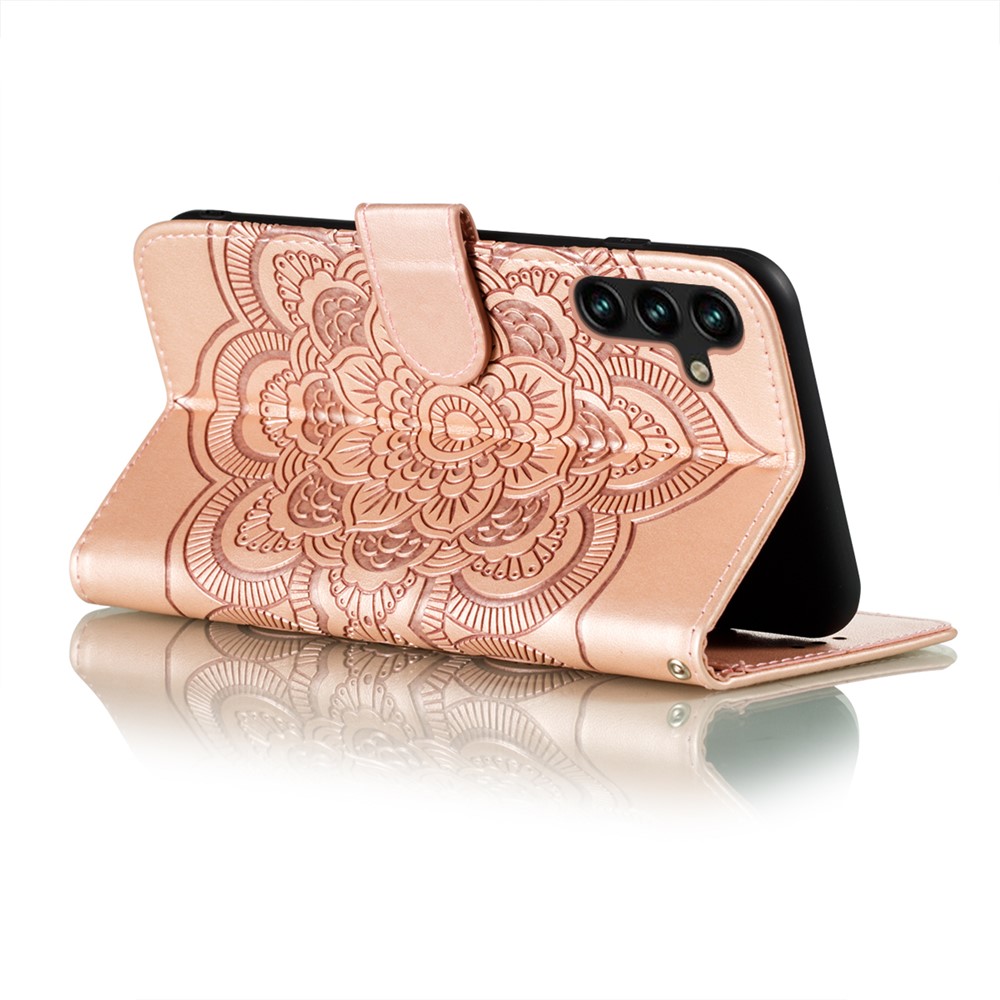 Mandala Flower Imprinted Wallet Case Stand PU Leather Folio Flip Protective Cover with Strap for Samsung Galaxy A13 5G - Rose Gold-5