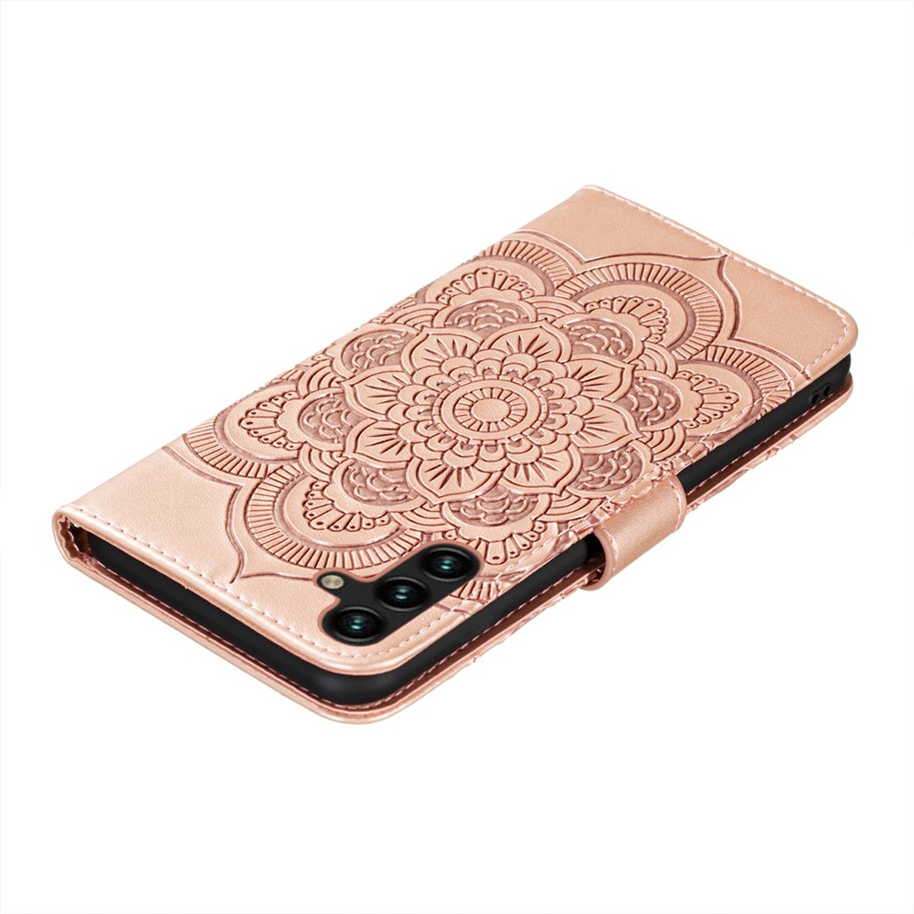 Mandala Flower Imprinted Wallet Case Stand PU Leather Folio Flip Protective Cover with Strap for Samsung Galaxy A13 5G - Rose Gold-8