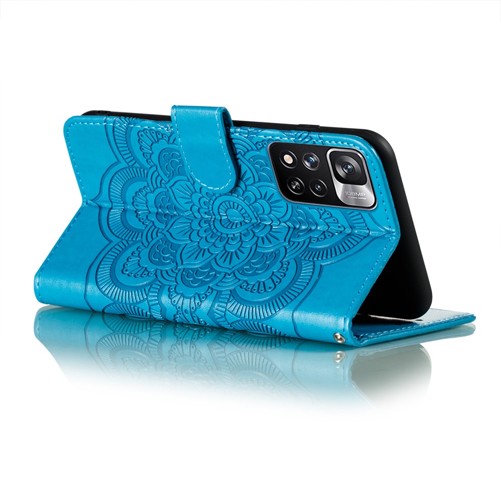 Imprinting Mandala Flower Flip PU Leather Case Stand Magnetic Closure Protective Phone Cover with Strap for Xiaomi Redmi Note 11 Pro / Note 11 Pro+ - Blue-5