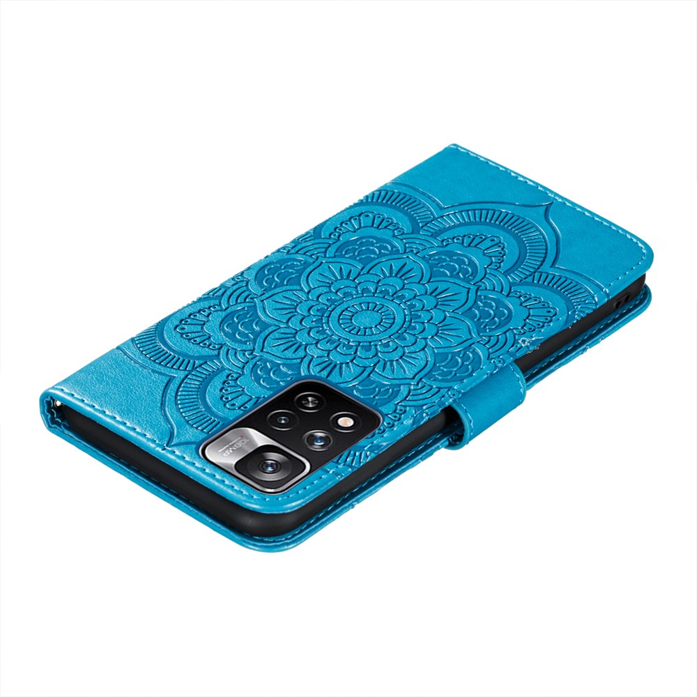 Imprinting Mandala Flower Flip PU Leather Case Stand Magnetic Closure Protective Phone Cover with Strap for Xiaomi Redmi Note 11 Pro / Note 11 Pro+ - Blue-8