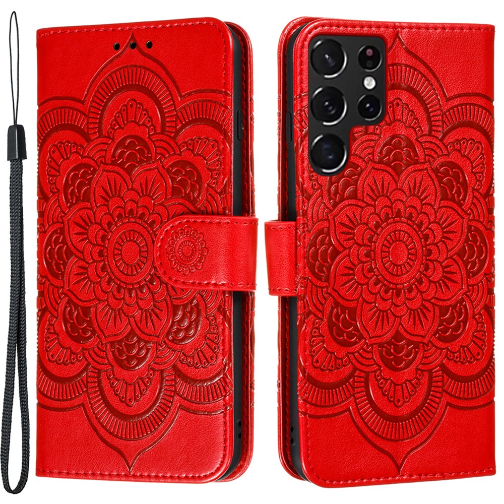 Imprinting Mandala Flower Horizontal Flip PU Leather Case Stand Wallet Phone Cover with Strap for Samsung Galaxy S22 Ultra - Red-1