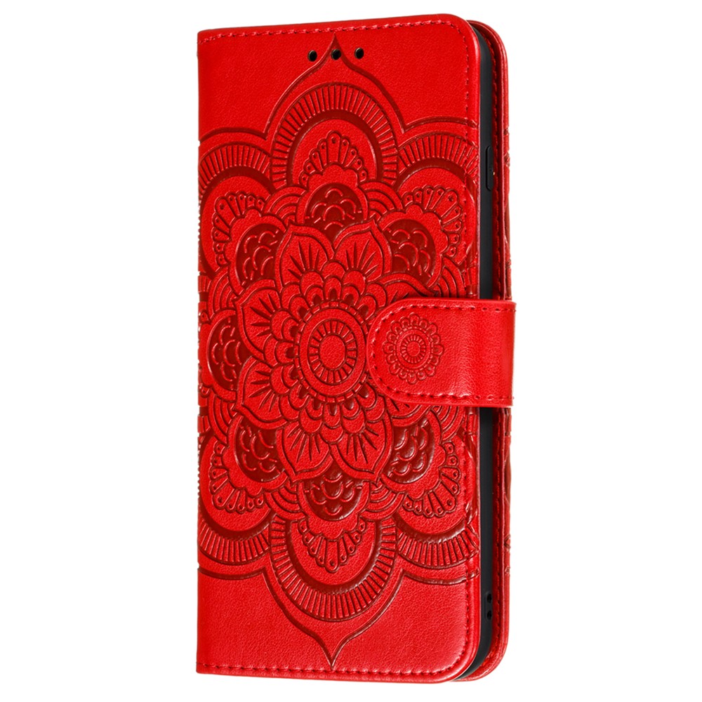Imprinting Mandala Flower Horizontal Flip PU Leather Case Stand Wallet Phone Cover with Strap for Samsung Galaxy S22 Ultra - Red-2