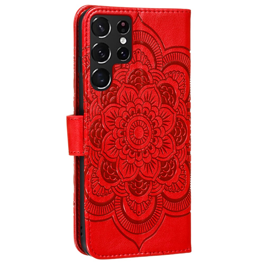 Imprinting Mandala Flower Horizontal Flip PU Leather Case Stand Wallet Phone Cover with Strap for Samsung Galaxy S22 Ultra - Red-3