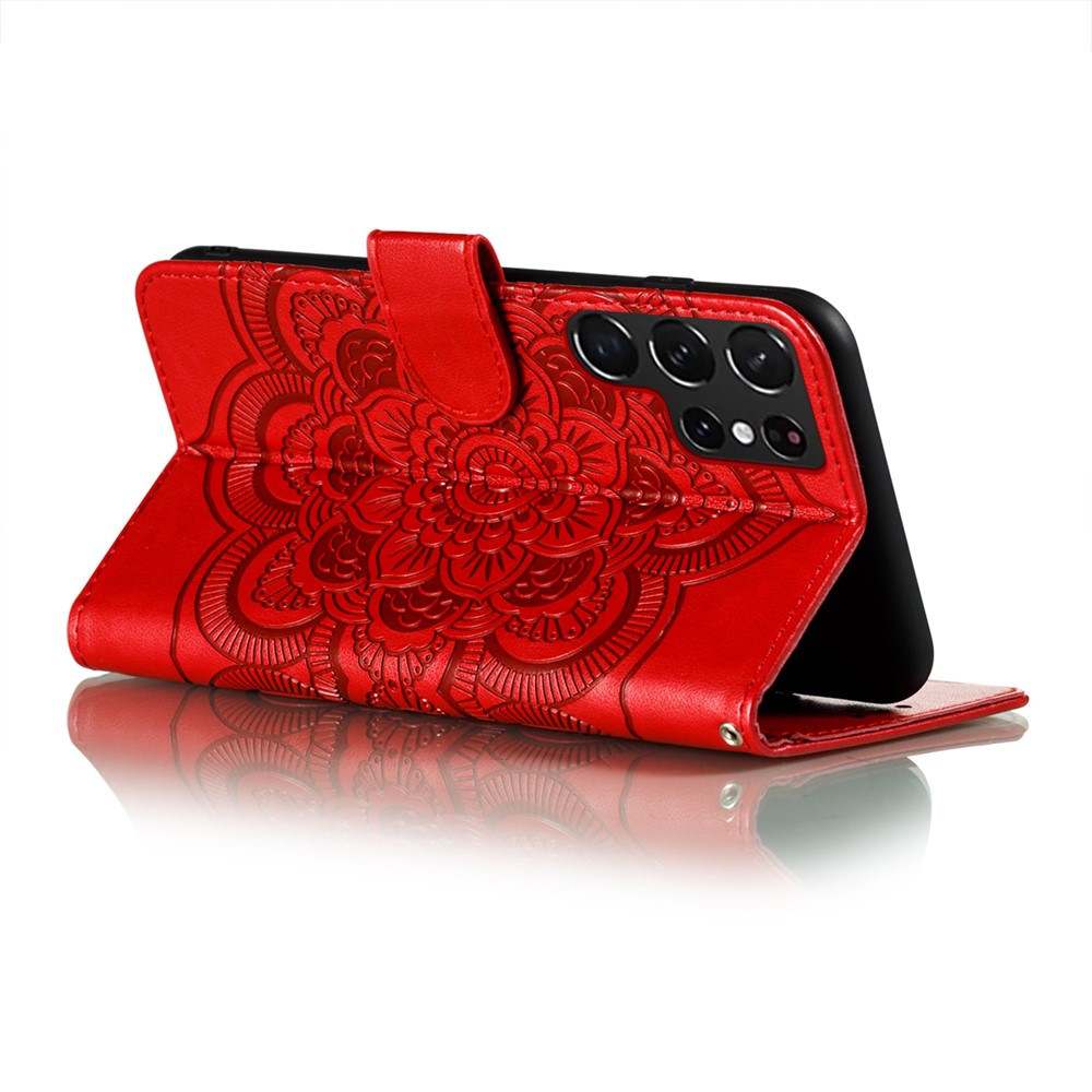 Imprinting Mandala Flower Horizontal Flip PU Leather Case Stand Wallet Phone Cover with Strap for Samsung Galaxy S22 Ultra - Red-5