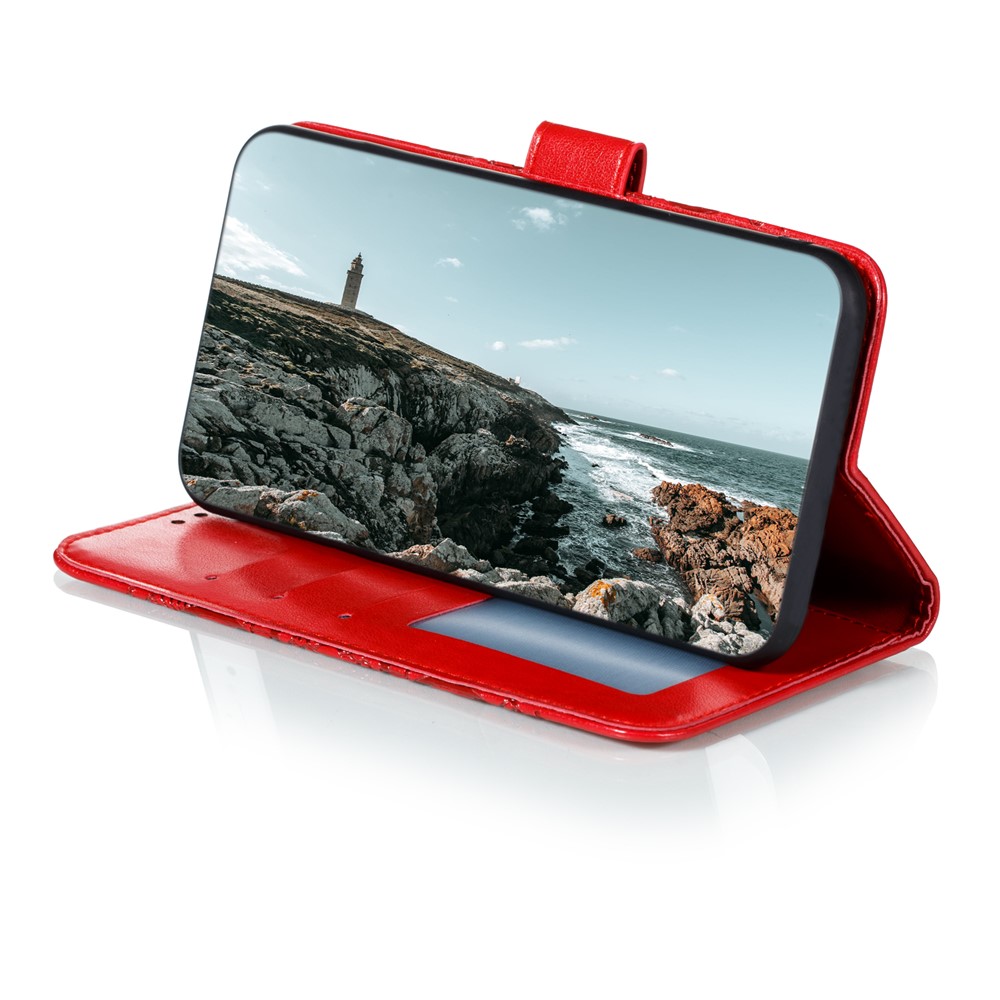 Imprinting Mandala Flower Horizontal Flip PU Leather Case Stand Wallet Phone Cover with Strap for Samsung Galaxy S22 Ultra - Red-6