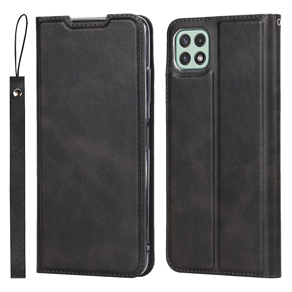 Anti-shock Textured PU Leather Full Protection Card Holder Phone Cover Stand Phone Shell for Samsung Galaxy A22 5G (EU Version) - Black-1