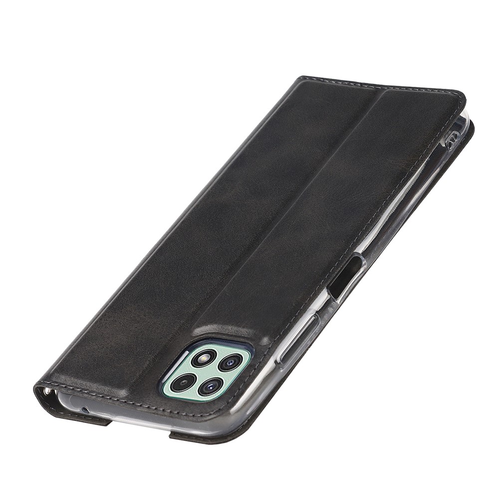 Anti-shock Textured PU Leather Full Protection Card Holder Phone Cover Stand Phone Shell for Samsung Galaxy A22 5G (EU Version) - Black-7