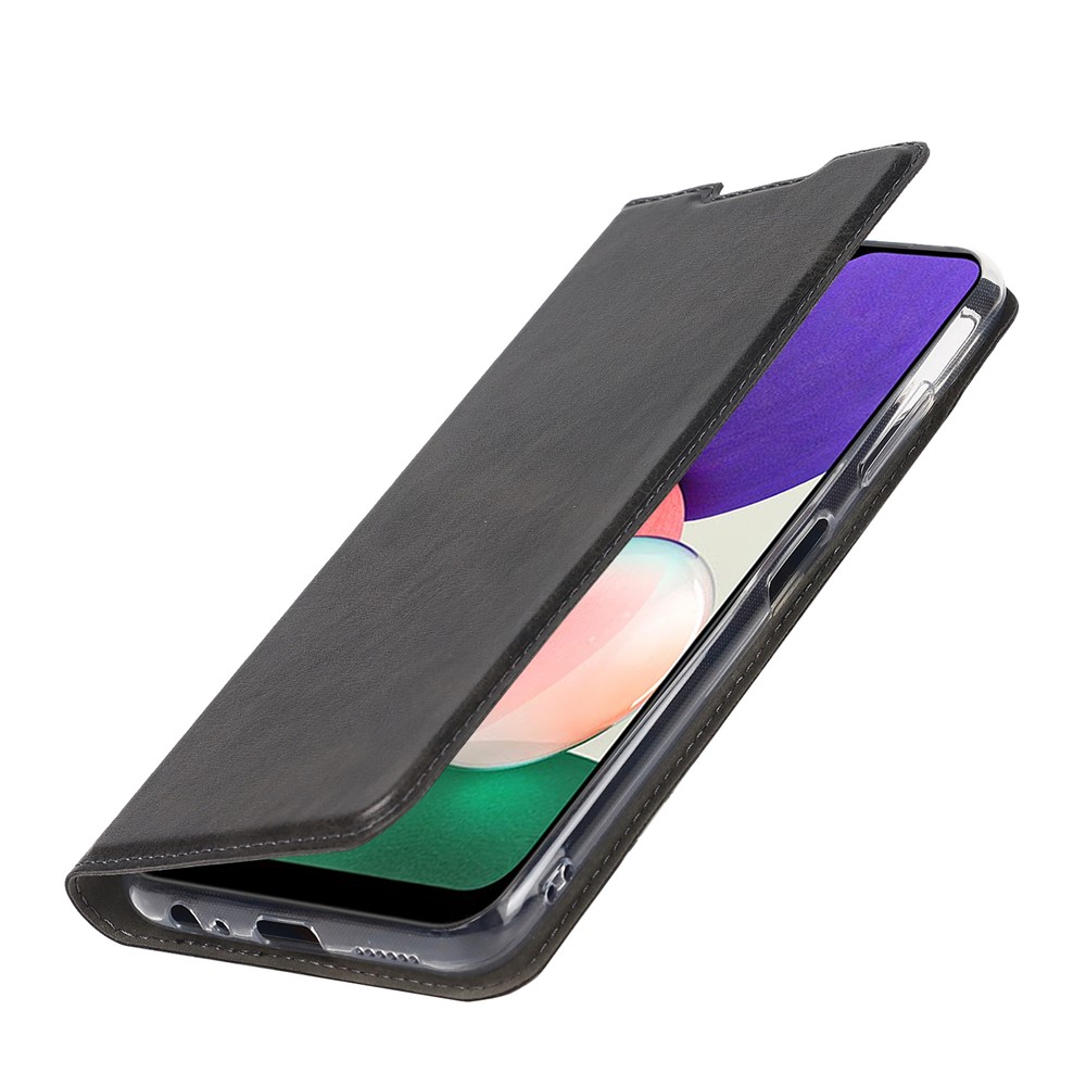 Anti-shock Textured PU Leather Full Protection Card Holder Phone Cover Stand Phone Shell for Samsung Galaxy A22 5G (EU Version) - Black-8