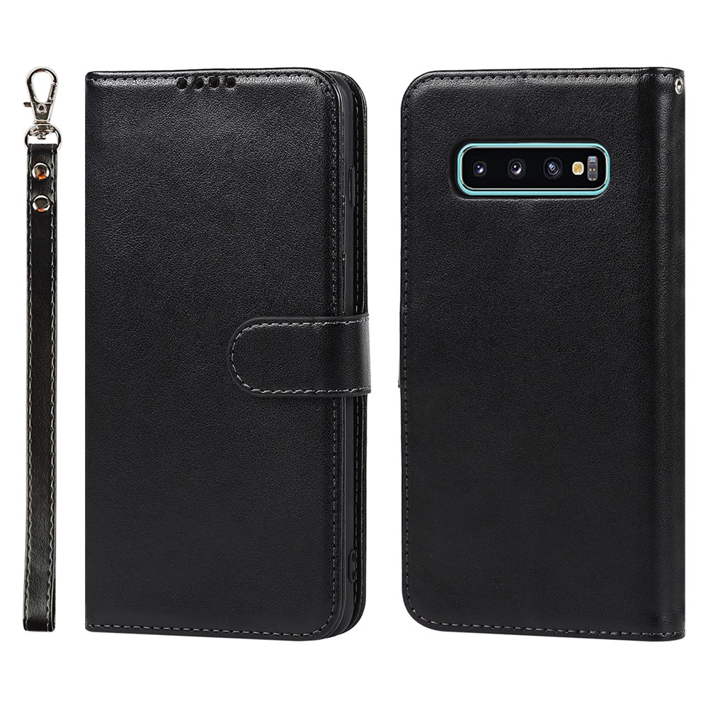 R61 Texture Felled Seam Phone Case Wrist Strap Anti-drop PU Leather Wallet Cover with Stand for Samsung Galaxy S10 - Black-1