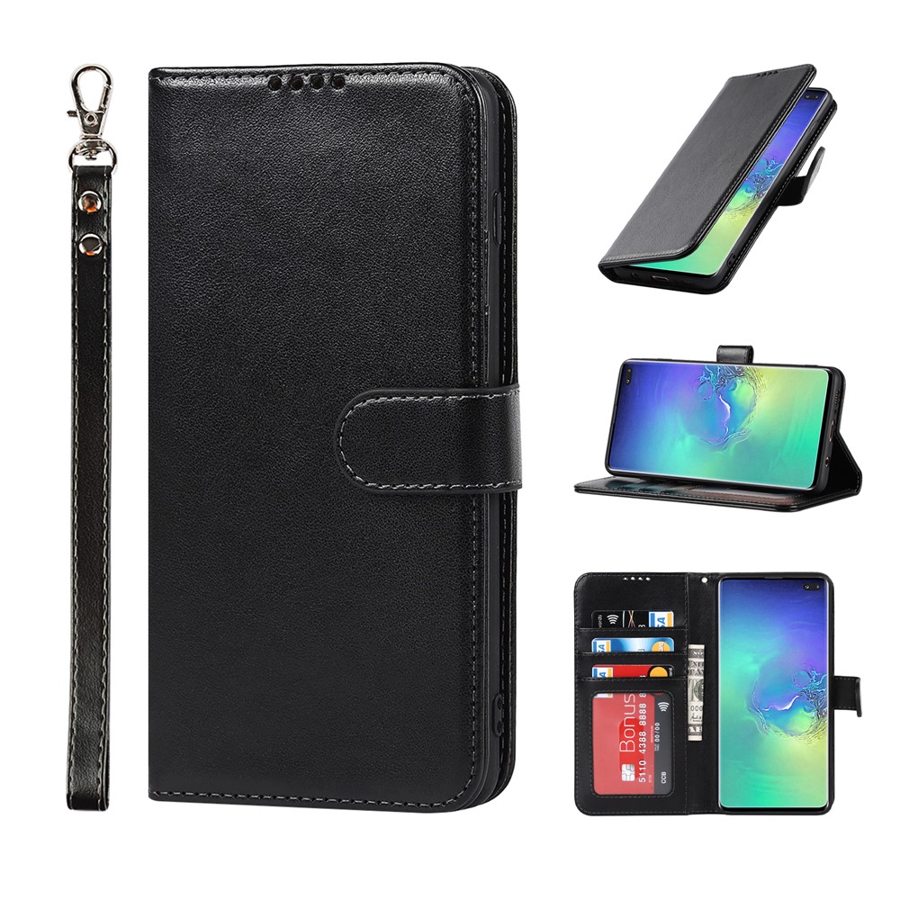 R61 Texture Felled Seam Phone Case Wrist Strap Anti-drop PU Leather Wallet Cover with Stand for Samsung Galaxy S10 - Black-10