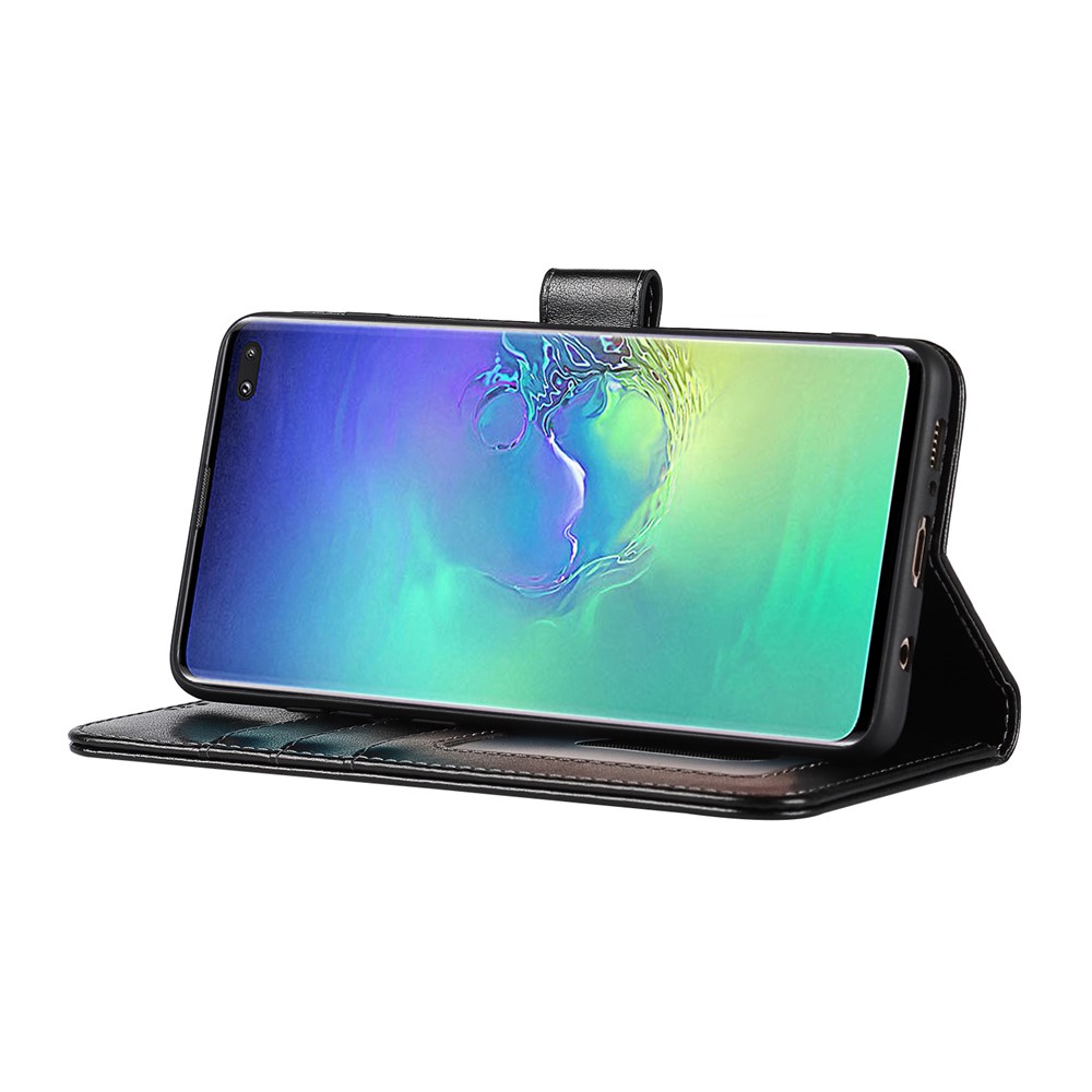 R61 Texture Felled Seam Phone Case Wrist Strap Anti-drop PU Leather Wallet Cover with Stand for Samsung Galaxy S10 - Black-5