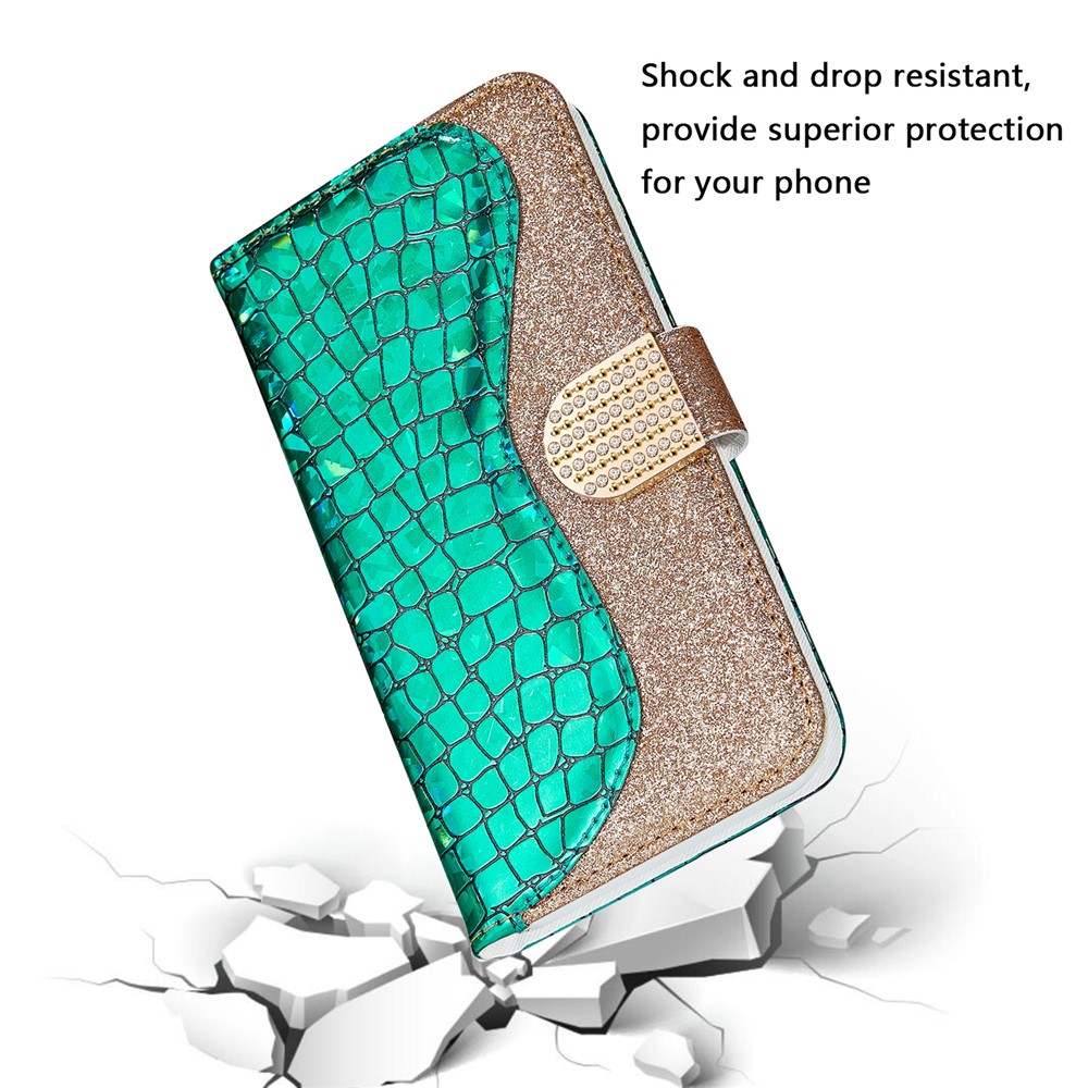 Texture de Crocodile Protectrice à 360 Degrés Case de Portefeuille en Cuir D'épissage en Poudre Scintillante Pour Samsung Galaxy S22 5G - Vert