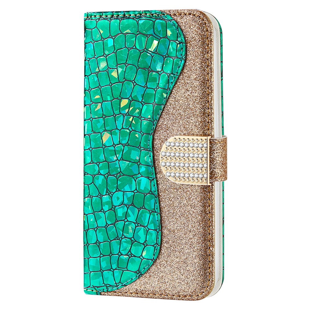 Texture Protettiva a 360 Gradi Crocodile Polveri Scintillanti Splicing Pollet Case Per Samsung Galaxy S22 5G - Verde