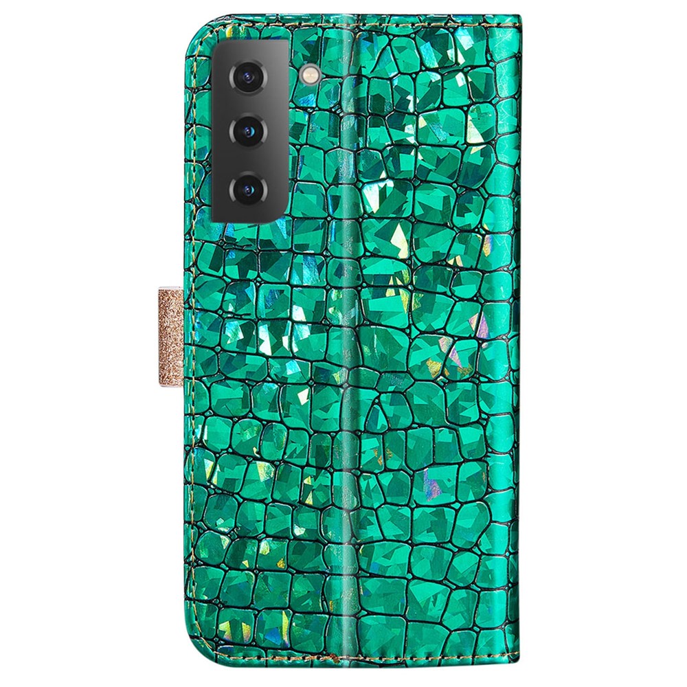 Texture de Crocodile Protectrice à 360 Degrés Case de Portefeuille en Cuir D'épissage en Poudre Scintillante Pour Samsung Galaxy S22 5G - Vert