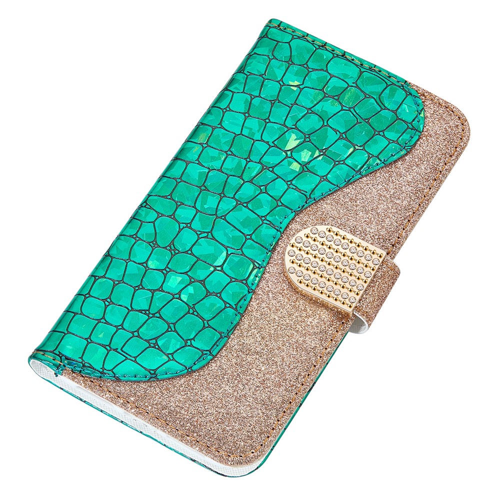 Texture de Crocodile Protectrice à 360 Degrés Case de Portefeuille en Cuir D'épissage en Poudre Scintillante Pour Samsung Galaxy S22 5G - Vert