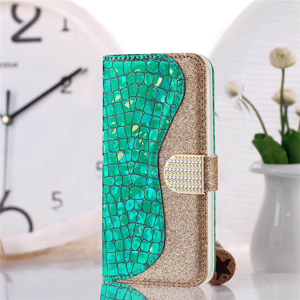 Texture Protettiva a 360 Gradi Crocodile Polveri Scintillanti Splicing Pollet Case Per Samsung Galaxy S22 5G - Verde