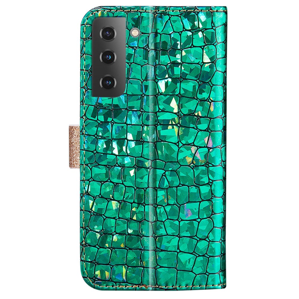 Scratch-resistant Flip Phone Cover Crocodile Texture Glittery Powder Splicing Leather Wallet Case for Samsung Galaxy S22 - Green-3