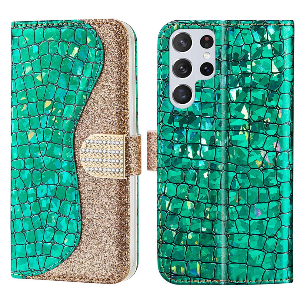 Fashionable Splicing Crocodile Texture Glittery Powder TPU+PU Leather Wallet Case for Samsung Galaxy S22 Ultra - Green-1