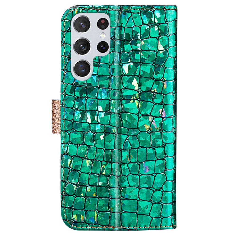 Fashionable Splicing Crocodile Texture Glittery Powder TPU+PU Leather Wallet Case for Samsung Galaxy S22 Ultra - Green-3