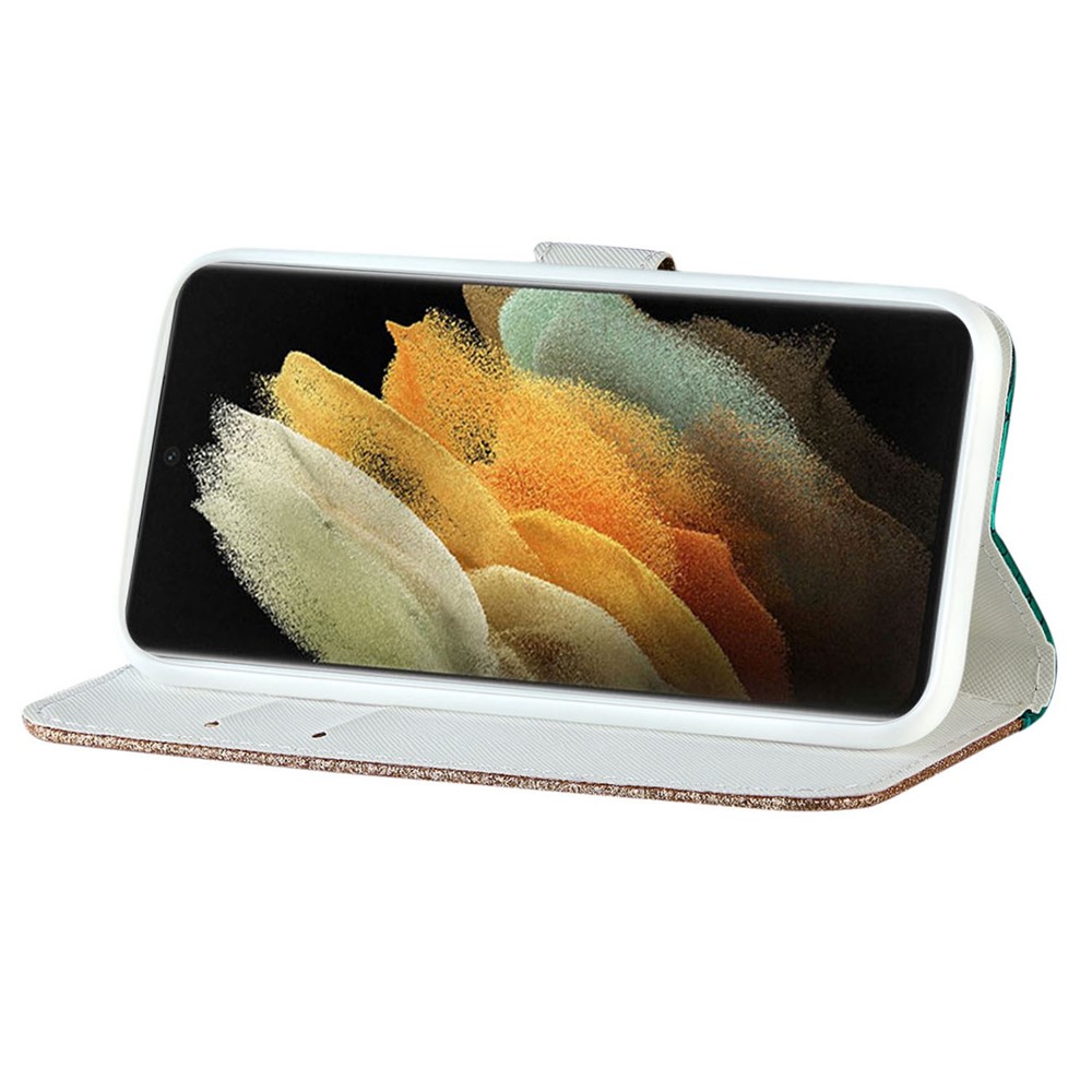 Fashionable Splicing Crocodile Texture Glittery Powder TPU+PU Leather Wallet Case for Samsung Galaxy S22 Ultra - Green-5