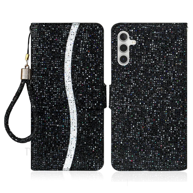 PU Leather Glittery Powder Handy Strap Stylish Wallet Phone Protective Case with Stand for Samsung Galaxy A13 5G - Black-1