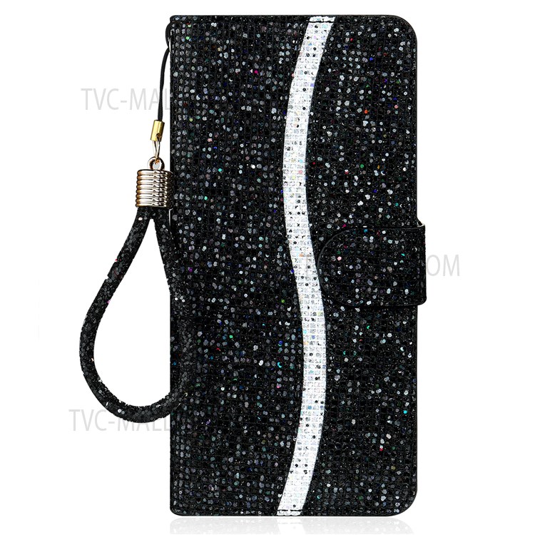 PU Leather Glittery Powder Handy Strap Stylish Wallet Phone Protective Case with Stand for Samsung Galaxy A13 5G - Black-2