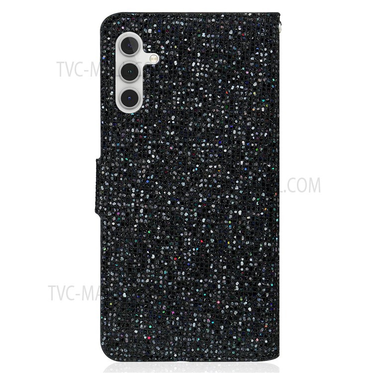 PU Leather Glittery Powder Handy Strap Stylish Wallet Phone Protective Case with Stand for Samsung Galaxy A13 5G - Black-3