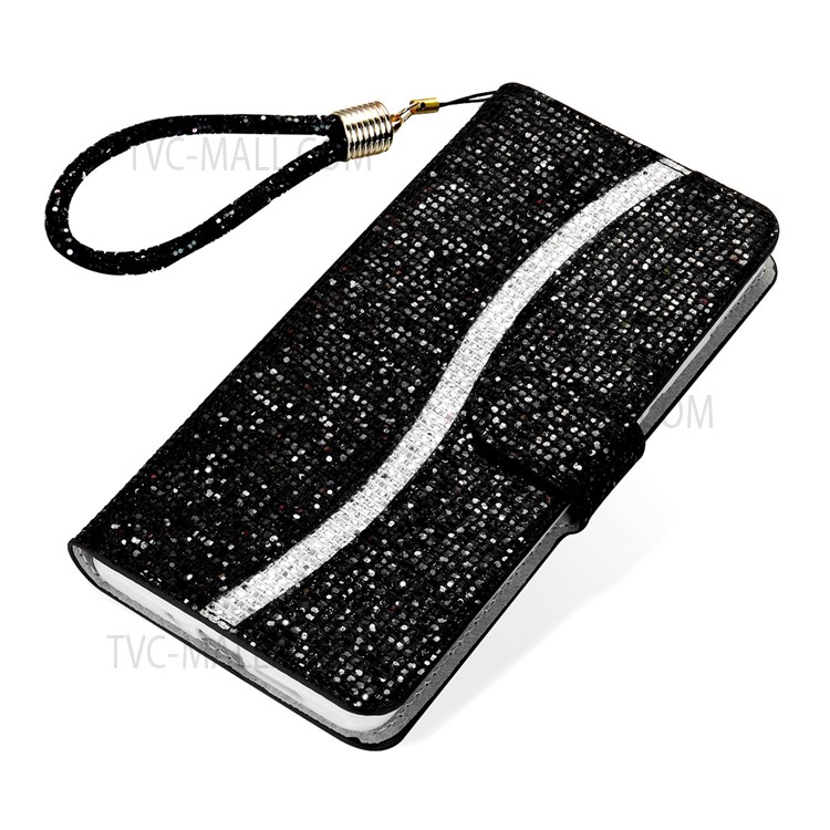 PU Leather Glittery Powder Handy Strap Stylish Wallet Phone Protective Case with Stand for Samsung Galaxy A13 5G - Black-7