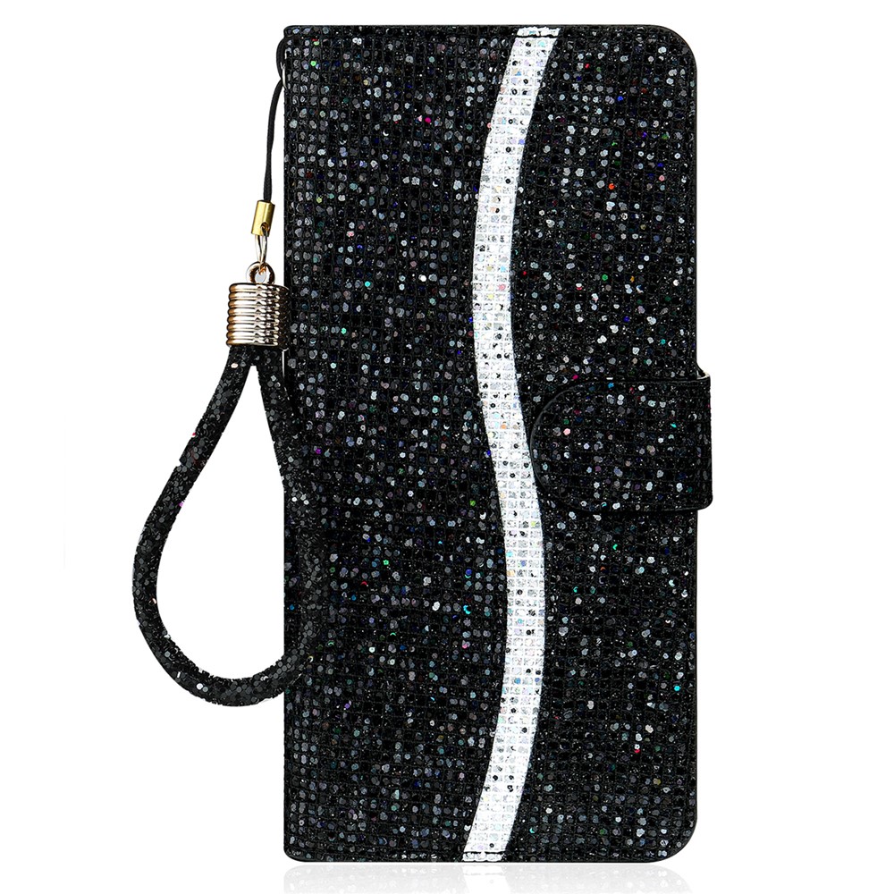 Flip Phone Cover PU Leather Glittery Powder Handy Strap Stylish Wallet Phone Protective Case for Samsung Galaxy S22 - Black-2