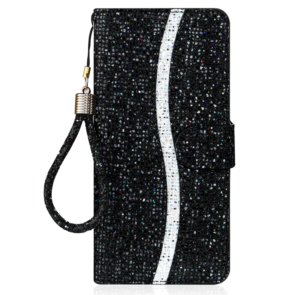 Flip Phone Cover PU Leather Glittery Powder Handy Strap Stylish Wallet Phone Protective Case for Samsung Galaxy S22 5G - Black-2