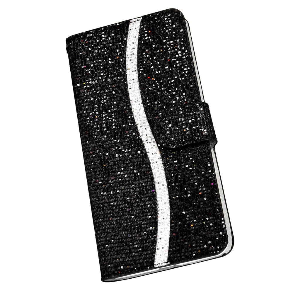Flip Phone Cover PU Leather Glittery Powder Handy Strap Stylish Wallet Phone Protective Case for Samsung Galaxy S22 - Black-6