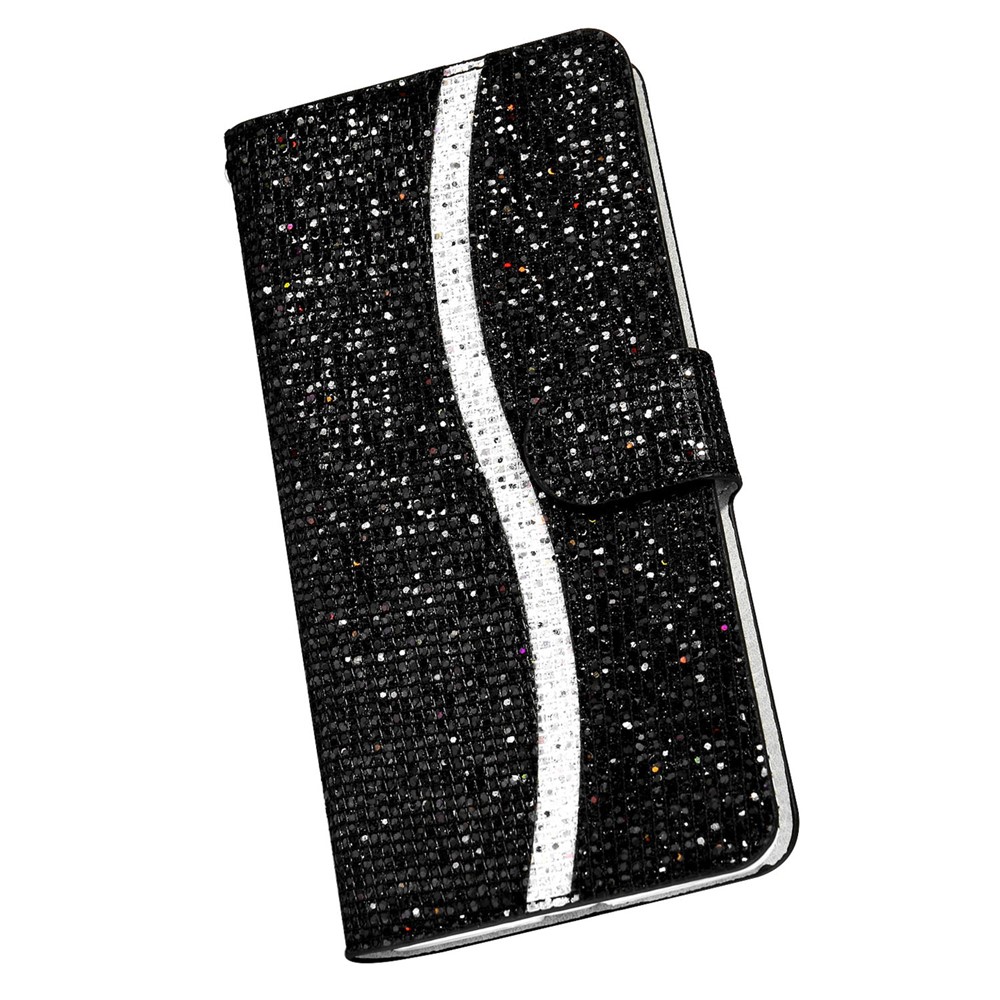 Flip Phone Cover PU Leather Glittery Powder Handy Strap Stylish Wallet Phone Protective Case for Samsung Galaxy S22 5G - Black-6