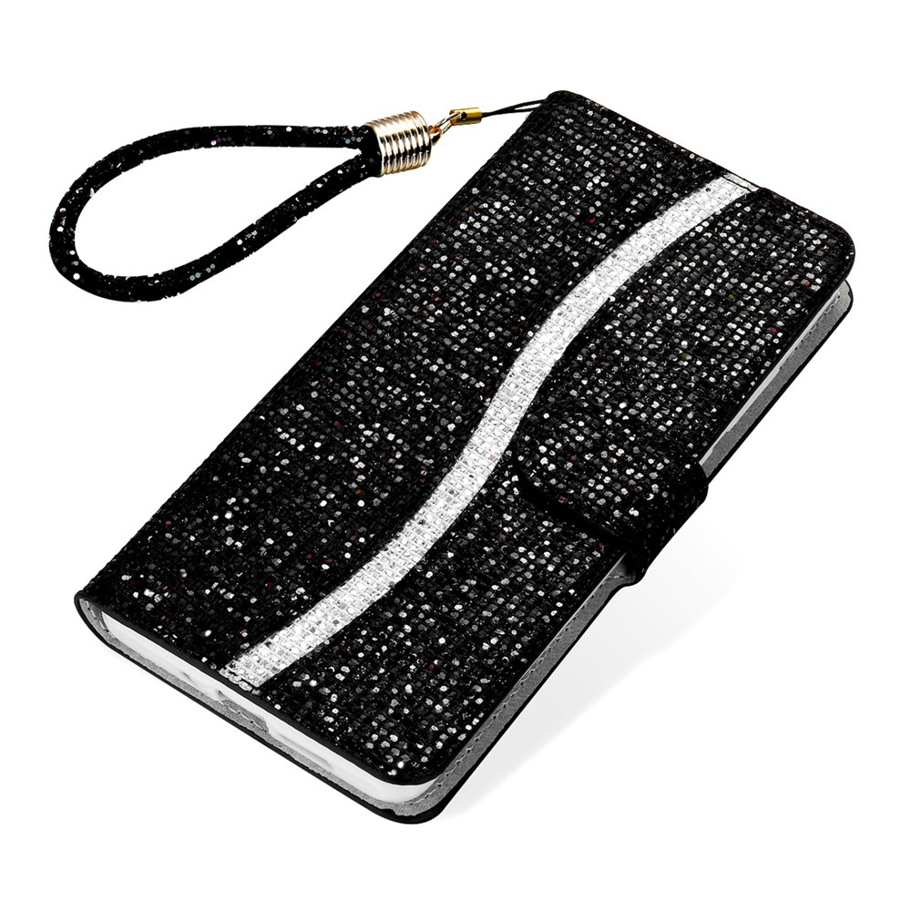 Flip Phone Cover PU Leather Glittery Powder Handy Strap Stylish Wallet Phone Protective Case for Samsung Galaxy S22 5G - Black-7