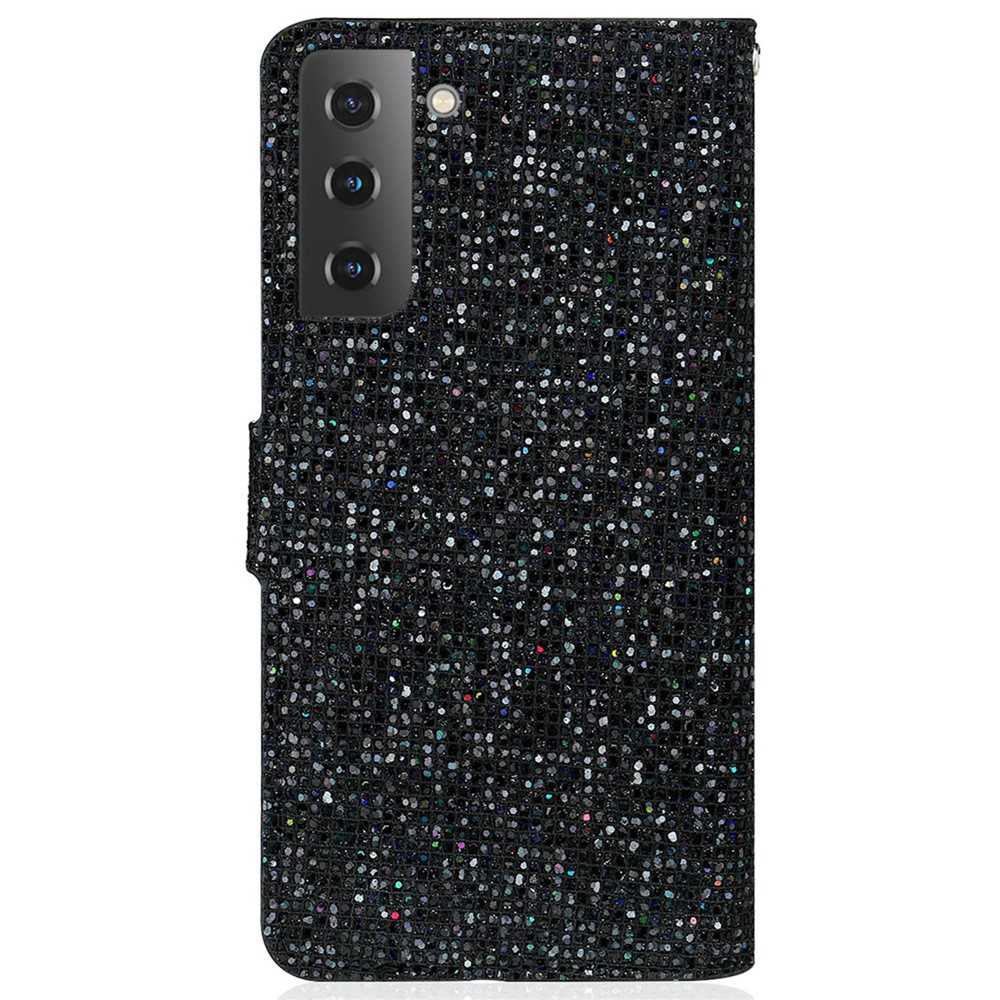 Scratch-resistant Phone Covering Shell PU Leather Glittery Powder Handy Strap Stylish Wallet Phone Case with Stand for Samsung Galaxy S22 Plus - Black-3