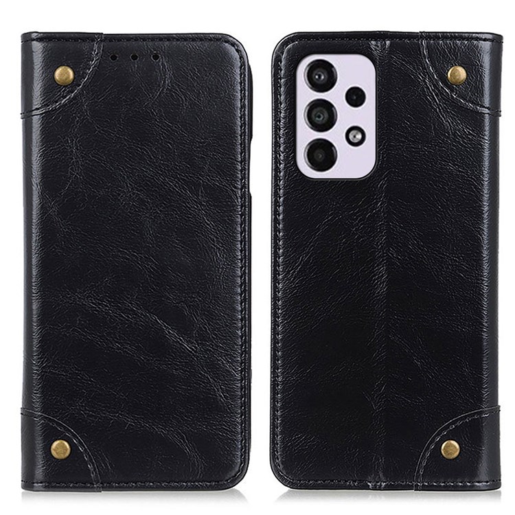 PU Leather+TPU Flip Phone Case Rivet Design Shockproof Wallet Stand Magnetic Absorbed Shell for Samsung Galaxy A33 5G - Black-1