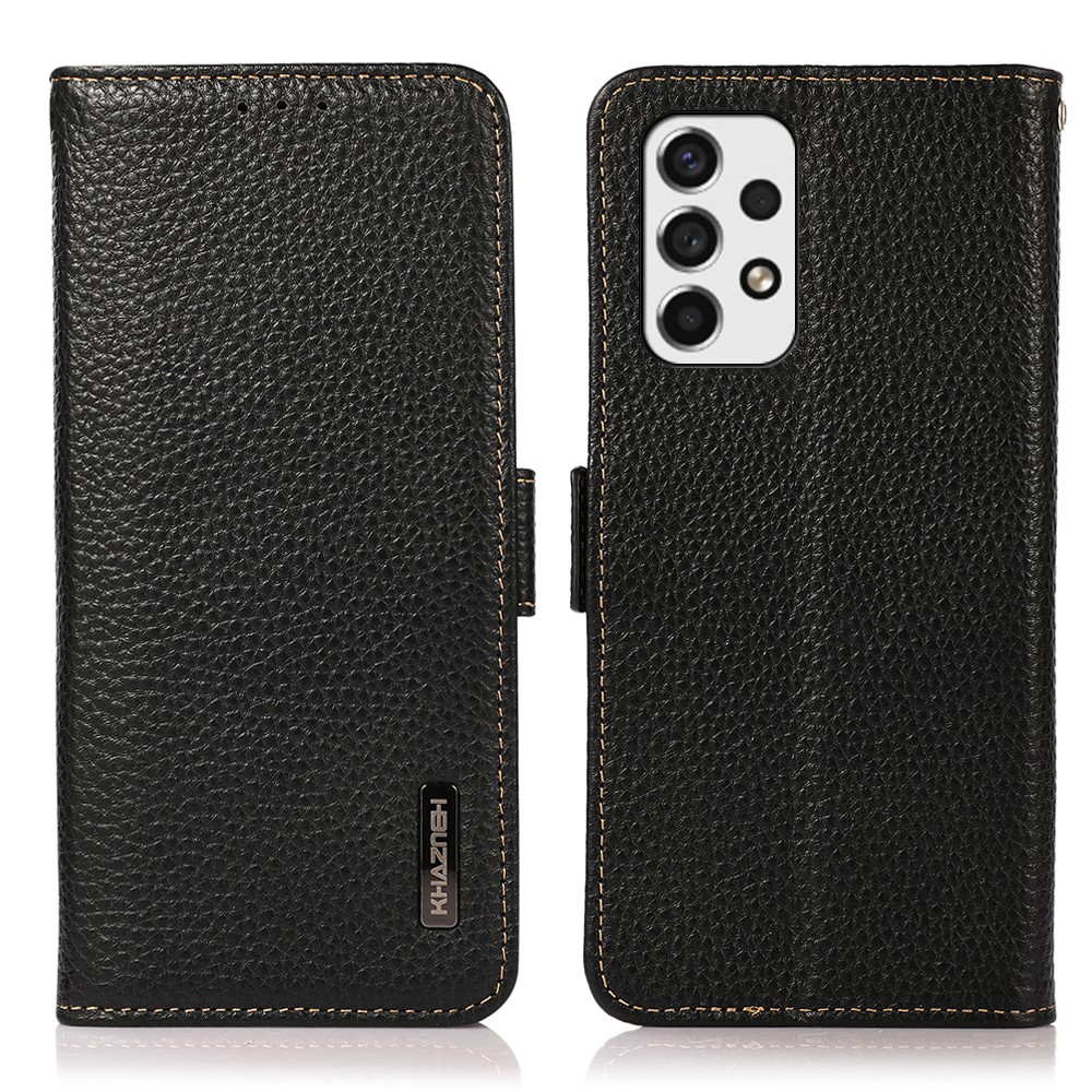 KHAZNEH RFID Blocking Design Litchi Texture Well-protected Drop-proof Genuine Leather Phone Case Cover with Wallet Stand for Samsung Galaxy A53 5G - Black-1