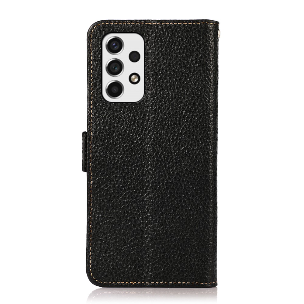 KHAZNEH RFID Blocking Design Litchi Texture Well-protected Drop-proof Genuine Leather Phone Case Cover with Wallet Stand for Samsung Galaxy A53 5G - Black-3