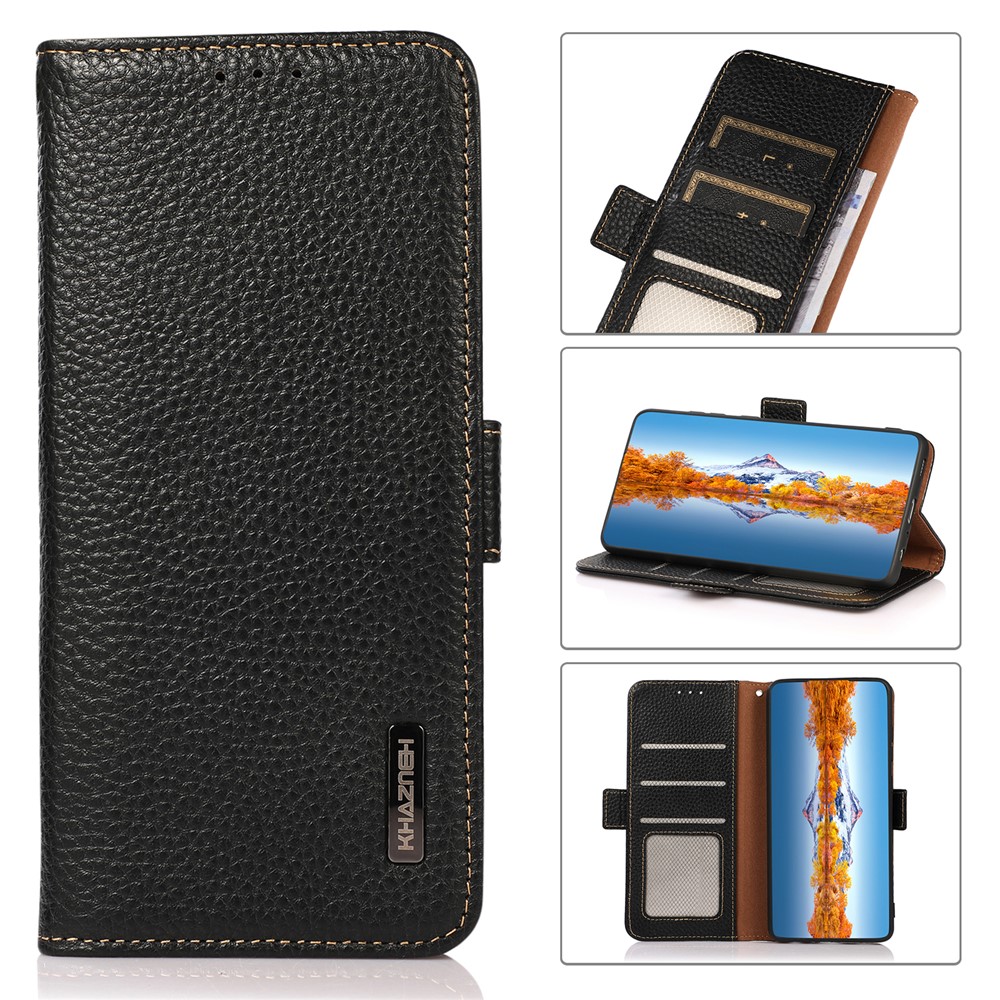 KHAZNEH RFID Blocking Design Litchi Texture Well-protected Drop-proof Genuine Leather Phone Case Cover with Wallet Stand for Samsung Galaxy A53 5G - Black-9