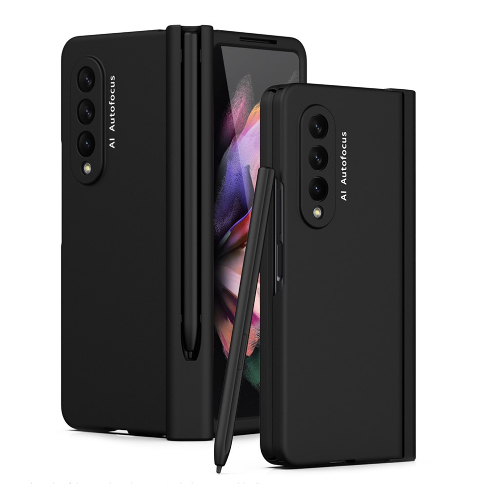 PU Leather Coated PC Hinged Cover Folio Flip Full Protection Phone Case with Pen Holder and Tempered Glass Screen Protector for Samsung Galaxy Z Fold3 5G - Black-1