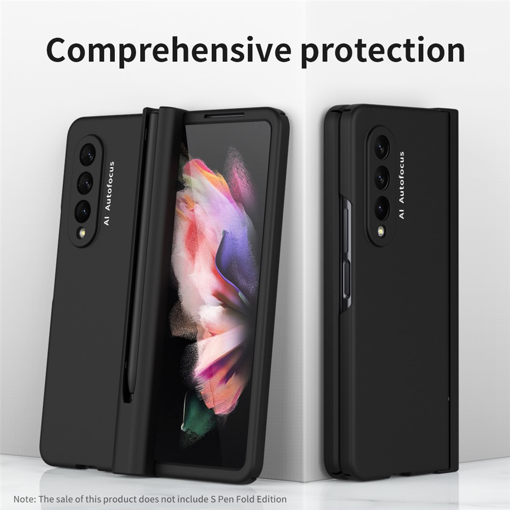 PU Leather Coated PC Hinged Cover Folio Flip Full Protection Phone Case with Pen Holder and Tempered Glass Screen Protector for Samsung Galaxy Z Fold3 5G - Black-2