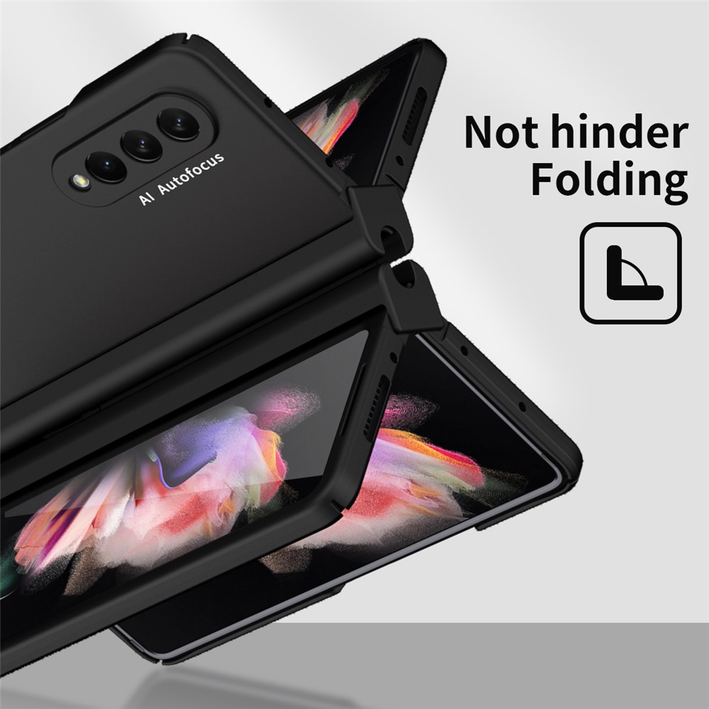 PU Leather Coated PC Hinged Cover Folio Flip Full Protection Phone Case with Pen Holder and Tempered Glass Screen Protector for Samsung Galaxy Z Fold3 5G - Black-3